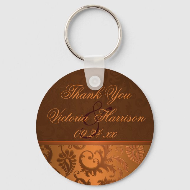 Copper and Brown Damask Wedding Favor Keychain (Front)