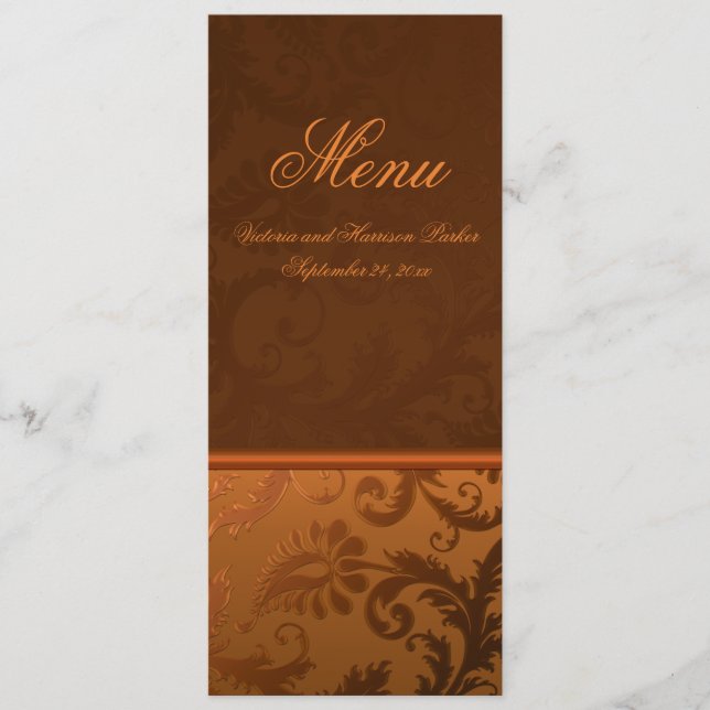 Copper and Brown Damask Wedding Menu Card (Front)