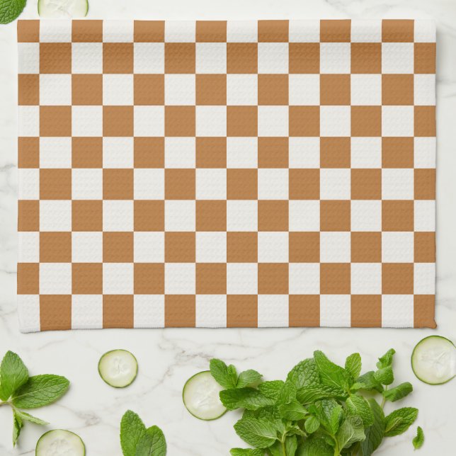 Copper and eggshell checkerboard pattern kitchen towel (Folded)
