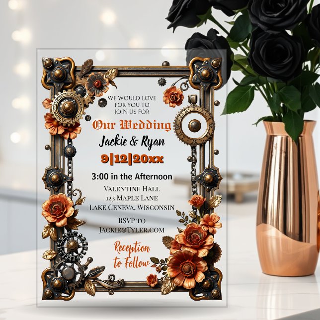 Copper and Gold Steampunk Gothic Themed Wedding Acrylic Invitations (Creator Uploaded)