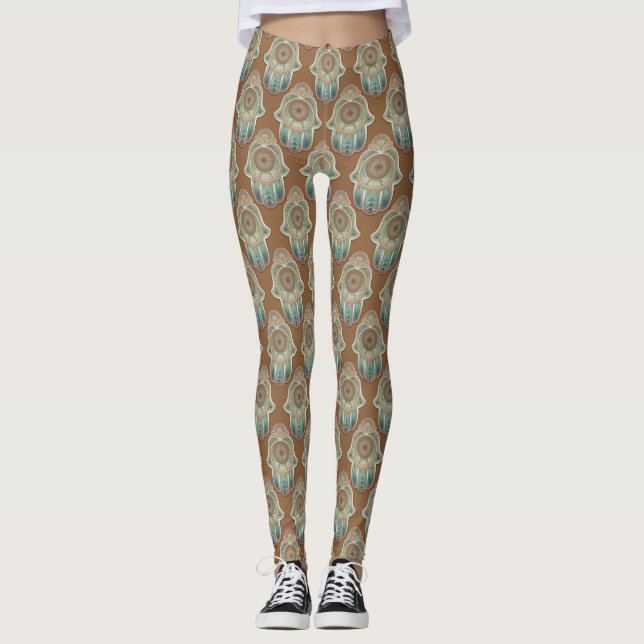Copper and Jade Green Hamsa Hands Leggings (Front)
