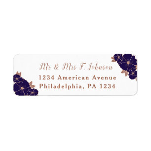 Copper and midnight blue floral modern wedding label