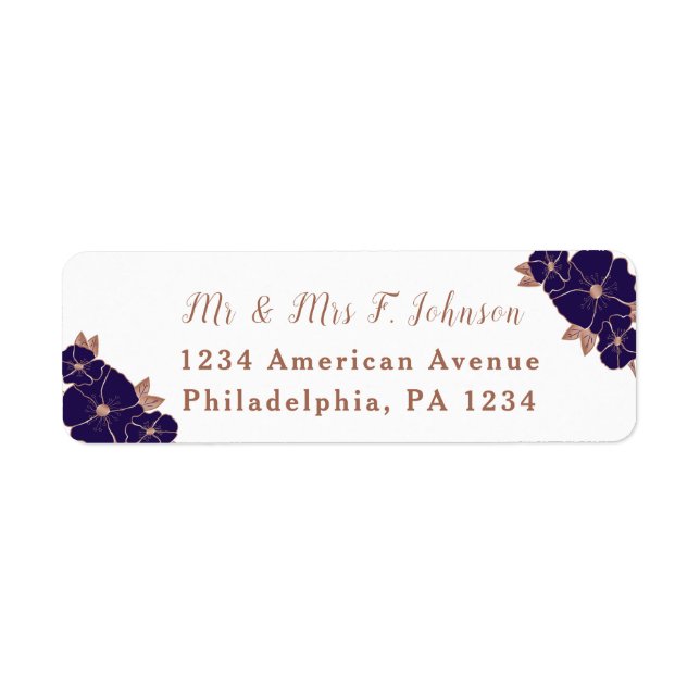 Copper and midnight blue floral modern wedding label (Front)