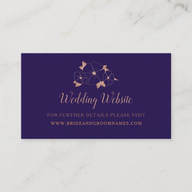 Copper and midnight blue floral wedding website business card (Front)