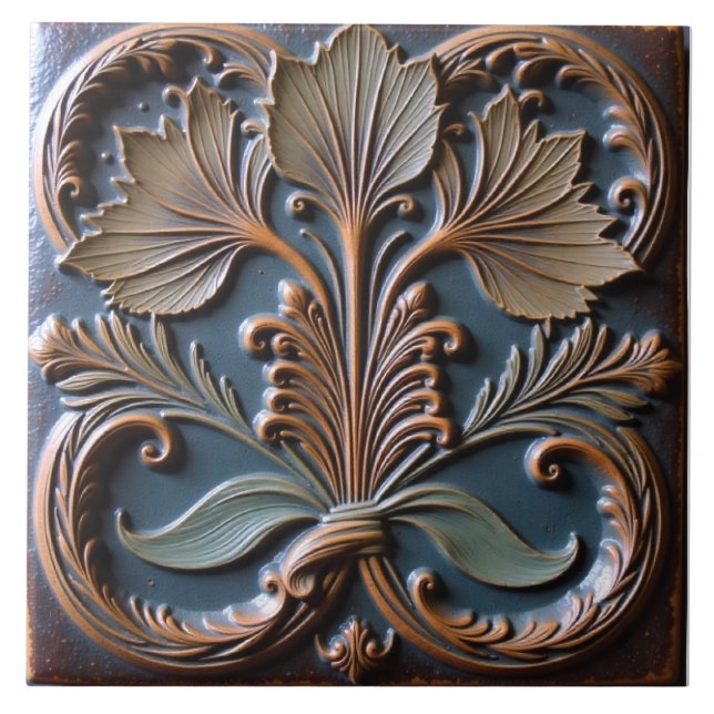 Copper and Patina Foliage Ceramic Tile (Front)