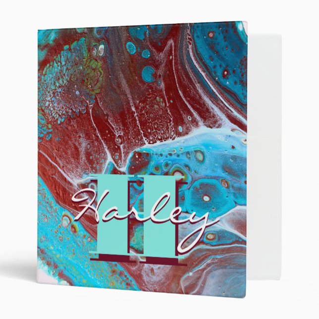 Copper and Teal Acrylic Flow Art 3 Ring Binder (Front/Inside)