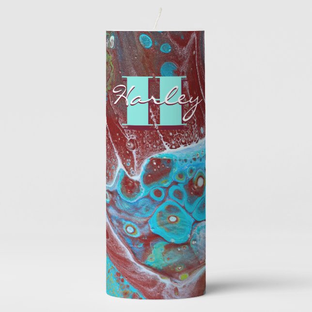 Copper and Teal Acrylic Flow Art Pillar Candle (Front)