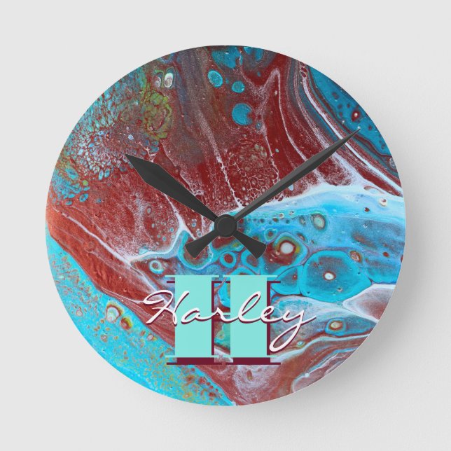 Copper and Teal Acrylic Flow Art Round Clock (Front)