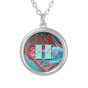 Copper and Teal Acrylic Flow Art Silver Plated Necklace