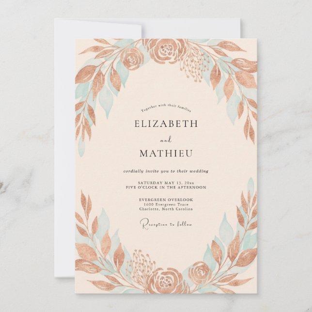 Copper Aqua Leafy Wedding Invitation (Front)
