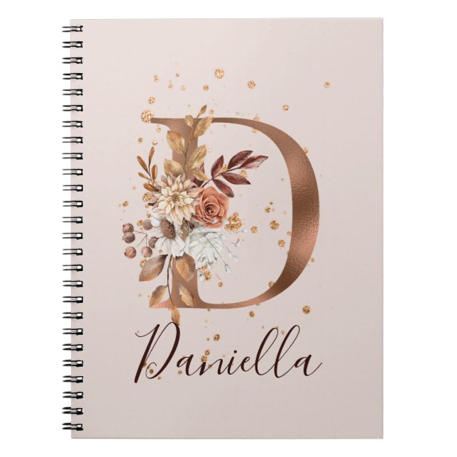 Copper Autumn Floral Letter D Fall Flowers Notebook (Front)