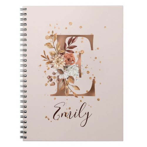 Copper Autumn Floral Letter E Fall Flowers Notebook