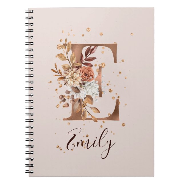 Copper Autumn Floral Letter E Fall Flowers Notebook (Front)