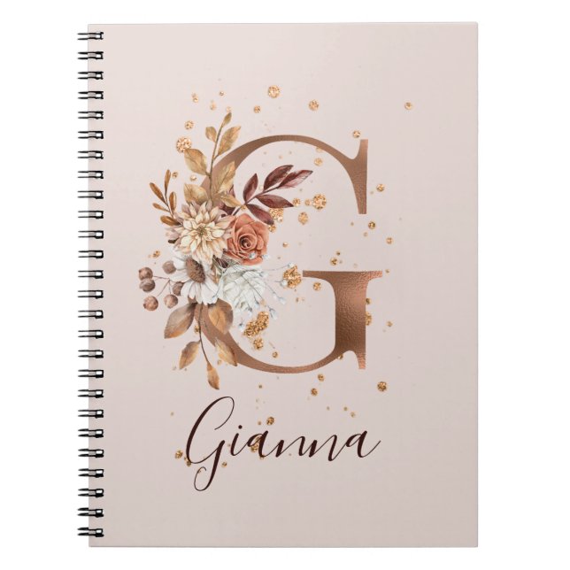 Copper Autumn Floral Letter G Fall Flowers Notebook (Front)