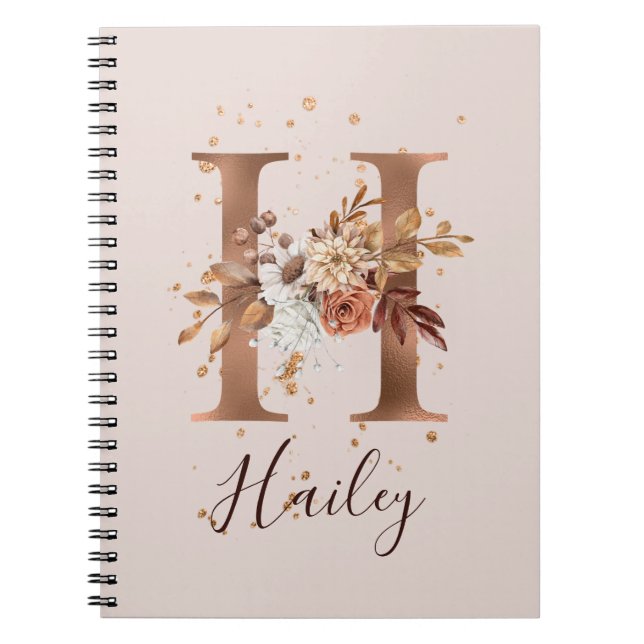 Copper Autumn Floral Letter H Fall Flowers Notebook (Front)