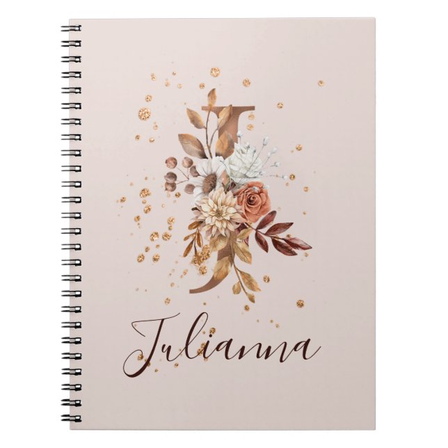 Copper Autumn Floral Letter J Fall Flowers Notebook (Front)