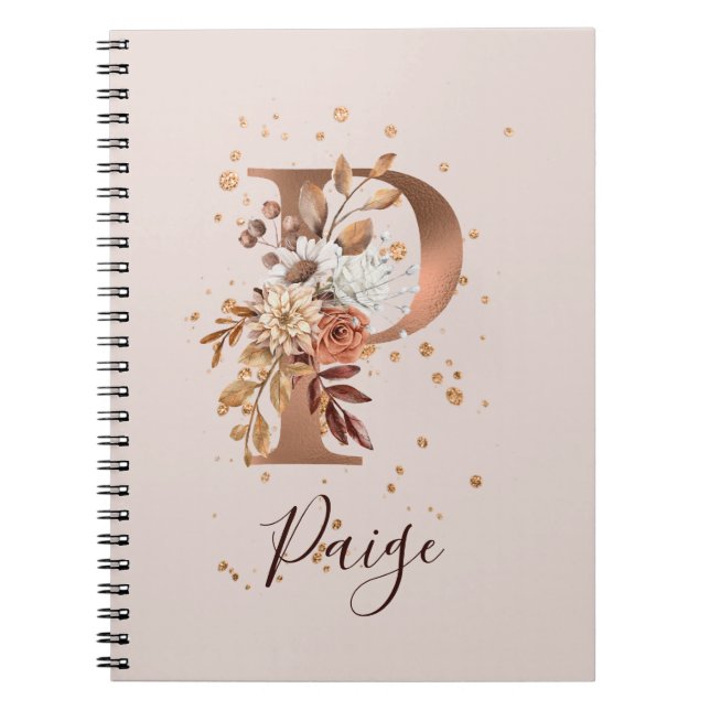 Copper Autumn Floral Letter P Fall Flowers Notebook (Front)