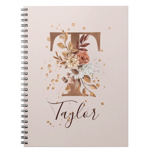 Copper Autumn Floral Letter T Fall Flowers Notebook