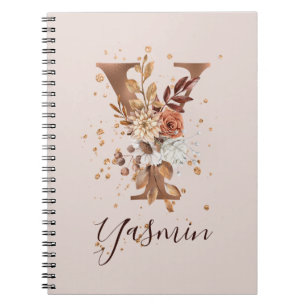 Copper Autumn Floral Letter Y Fall Flowers Notebook