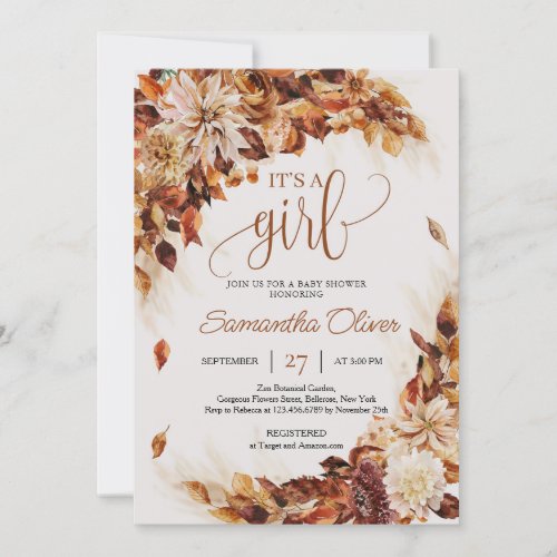 Copper autumn flowers leaves foliage its a girl  invitation