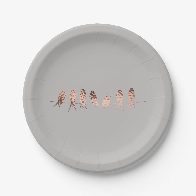 Copper Birds on Wire on Gray | Paper Plates (Front)