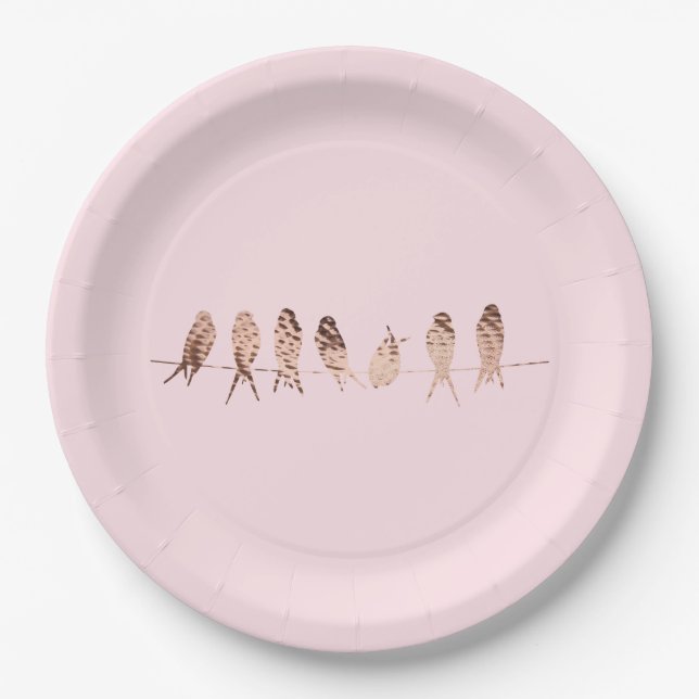 Copper Birds on Wire on Pink | Paper Plates (Front)