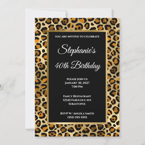 Copper Black and Gold Leopard Glam 40th Birthday Invitation