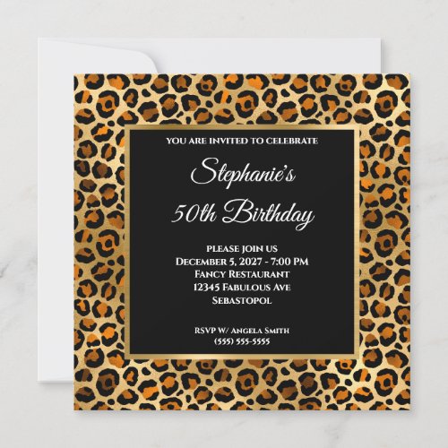 Copper Black and Gold Leopard Glam 50th Birthday Invitation