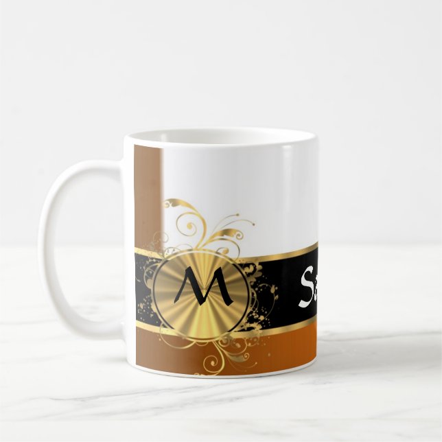 Copper black and gold monogram coffee mug (Left)