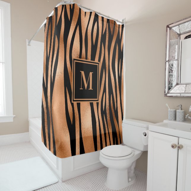 Copper Black Zebra Stripes Monogram Bathroom Shower Curtain (In Situ)