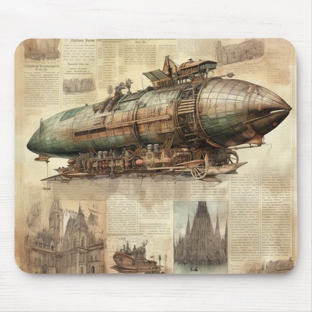 Copper Blue Grey Steampunk Airship Vintage Art Mouse Pad (Front)