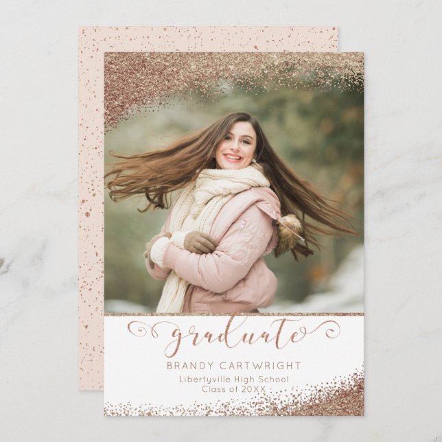 Copper Blush Gold Glitter Elegant Script Graduate Invitation (Front/Back)