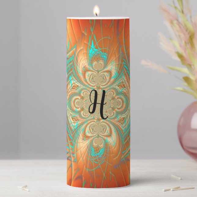 Copper Bronze and Aqua Pillar Candle (In Situ)