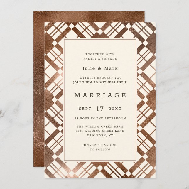 Copper Bronze Autumn Rustic Plaid Barn Wedding Invitation (Front/Back)