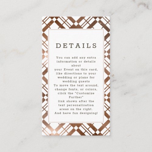 Copper Bronze Foil Fall Plaid Wedding Details Enclosure Card