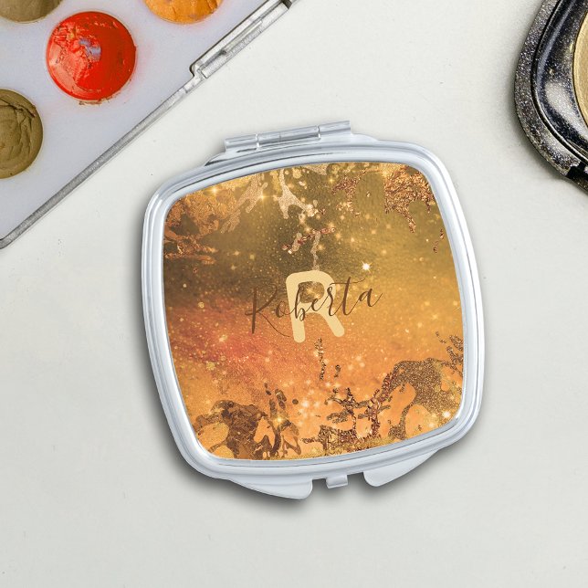 Copper Bronze Modern Glam Chic Abstract Sparkles Compact Mirror (Creator Uploaded)