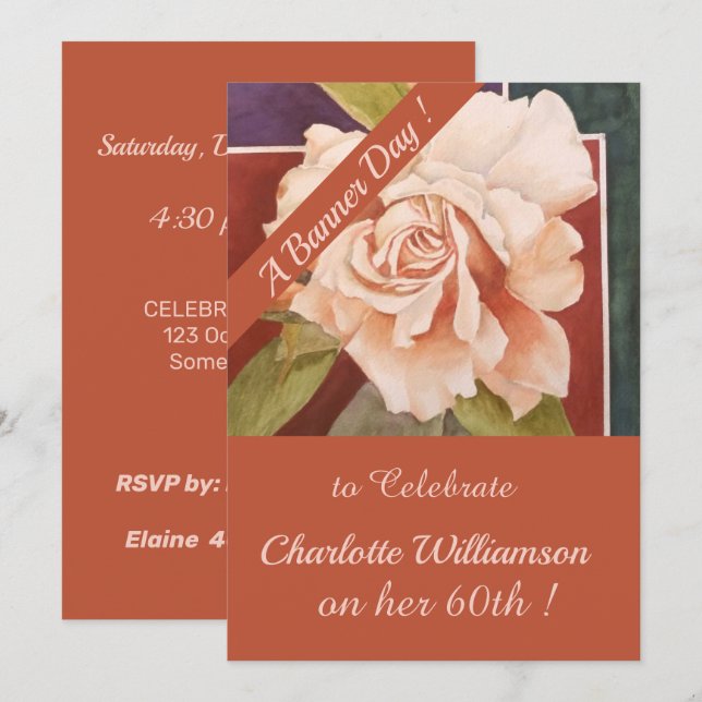 Copper Bronze Rose Watercolor Birthday Floral Invitation (Front/Back)