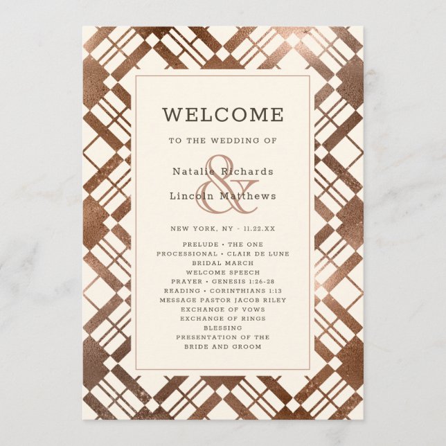 Copper Bronze Rustic Fall Plaid Wedding Ceremony Program (Front)