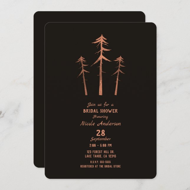 Copper Bronze Tall Pine Trees Rustic Bridal Shower Invitation (Front/Back)