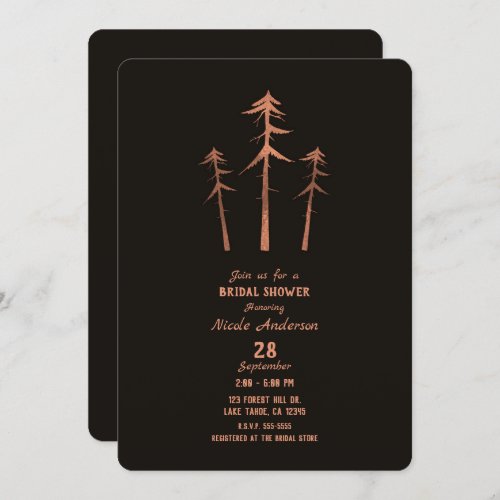 Copper Bronze Tall Pine Trees Rustic Bridal Shower Invitation