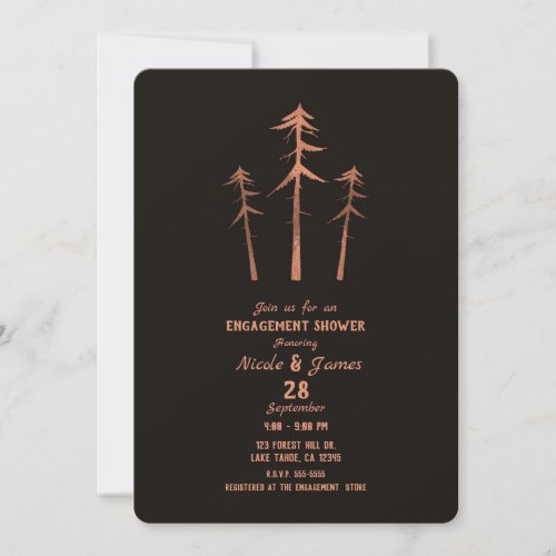 Copper Bronze Tall Pine Trees Rustic Engagement Invitation