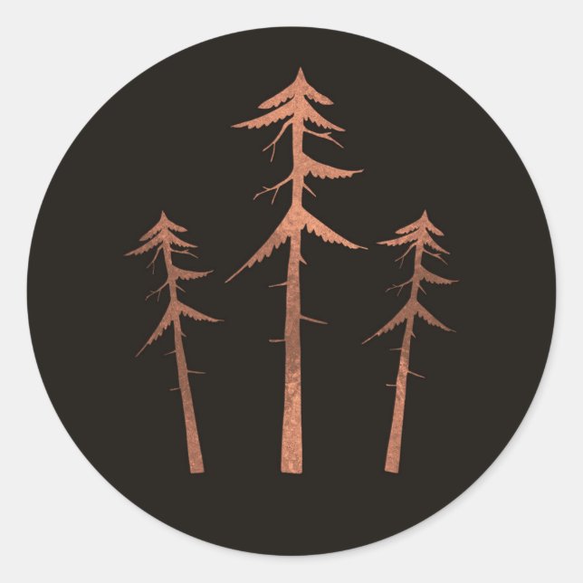 Copper Bronze Tall Pine Trees Rustic Wedding Classic Round Sticker (Front)