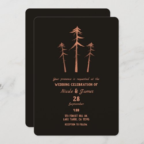 Copper Bronze Tall Pine Trees Rustic Wedding Invitation