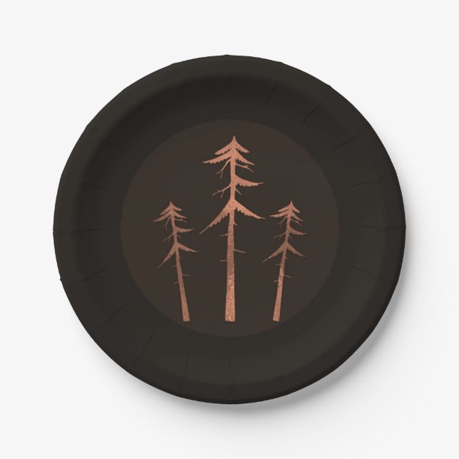 Copper Bronze Tall Pine Trees Rustic Wedding Paper Plates (Front)