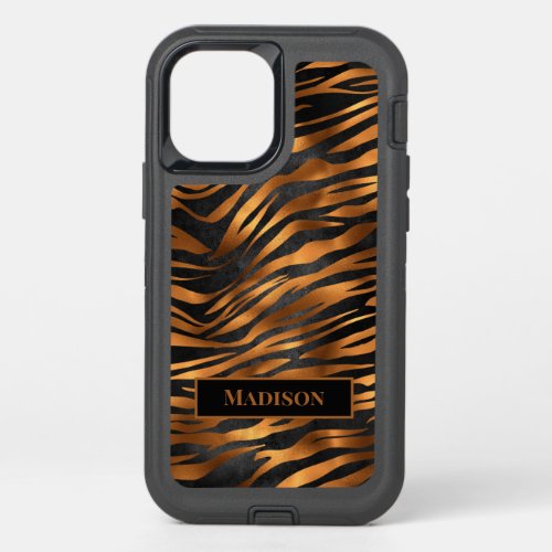 Copper Brown Black Tiger Stripes Monogram OtterBox Defender iPhone 12 Case