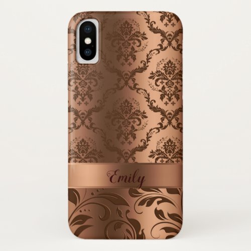 Copper Brown Floral Damasks  Swirls Metallic Look iPhone X Case