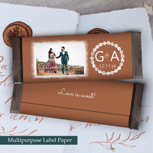 Copper Brown Monogram Wedding Candy Bar Wrapper (burnt orange terracotta copper rust wedding party favor personalized candy bar label wrapper)