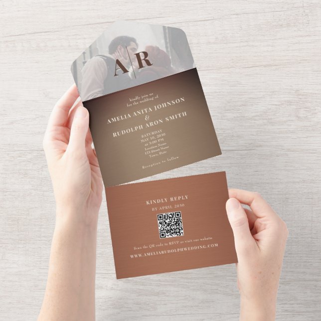 Copper Brown Photo QR Wedding All In One Invitation (Tearaway)