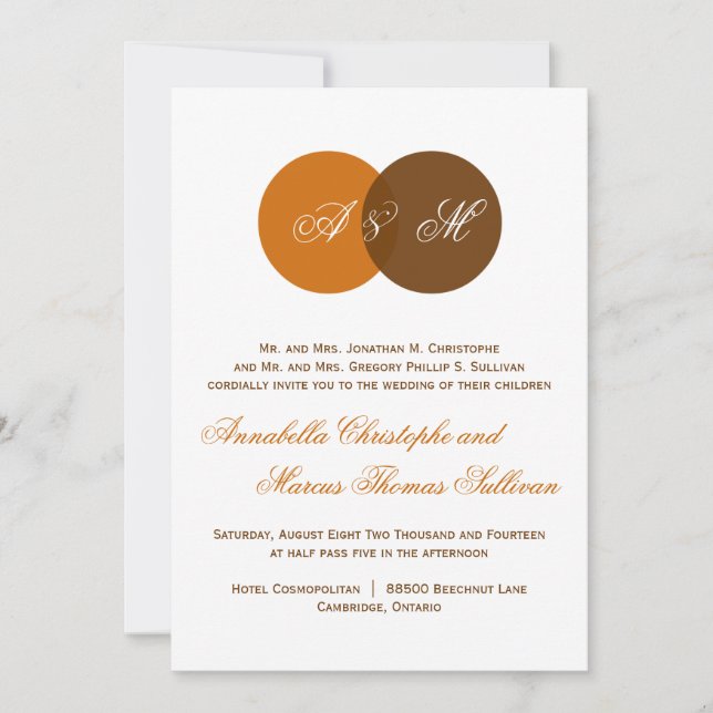 Copper Brown Twin Monogram Fall Wedding Invitation (Front)