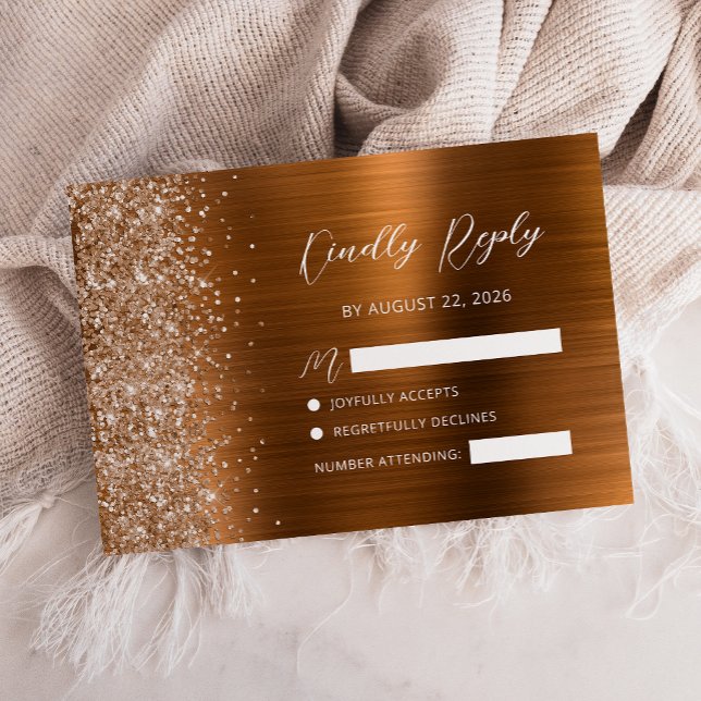 Copper Brushed Metal Glitter Script Wedding RSVP Card (Creator Uploaded)
